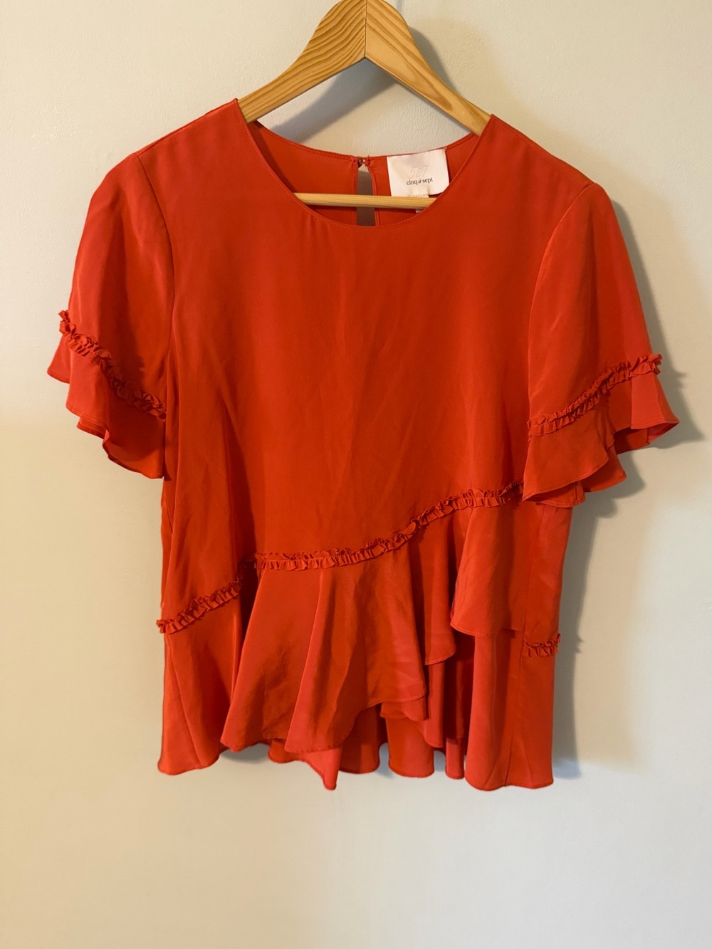 Cinq à Sept 100% Silk Ruffle Top Blood Orange